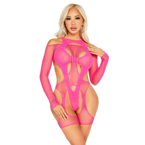 Комплект Leg Avenue Fishnet Garter Harness and Teddy One Size Neon Pink