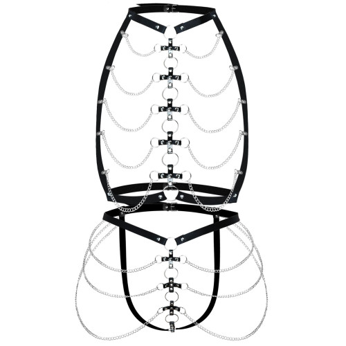 Набор портупея + трусики из кожи с цепочками Art of Sex - Cross, размер XS-M, цвет черный