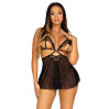 Сорочка беби-долл с открытыми чашками Leg Avenue Lace and mesh babydoll & panty Black L, стринги
