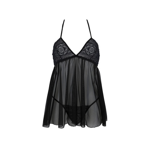 Пеньюар Passion KERRIA CHEMISE black, L/XL, кружевной верх, трусики в комплекте
