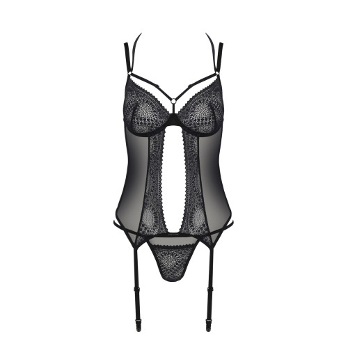 Корсет Passion DROSERA CORSET black, S/M, с креплениями для чулок, трусики в комплекте