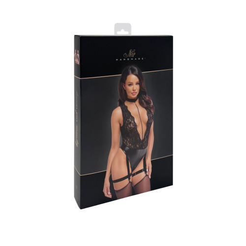 Боді Noir Handmade F297 Libido, L, чорне, мереживо, низ під латекс, відкритий доступ, гартери