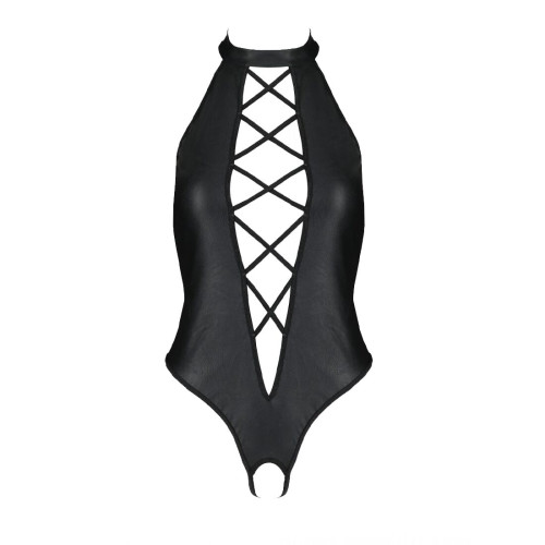 Боди из эко-кожи с имитацией шнуровки и открытым доступом Passion Nancy Body black 6XL/7XL