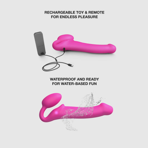 Безремневой страпон с вибрацией Strap-On-Me Vibrating Fuchsia M, диаметр 3,8 см, пульт ДУ, регулируемый