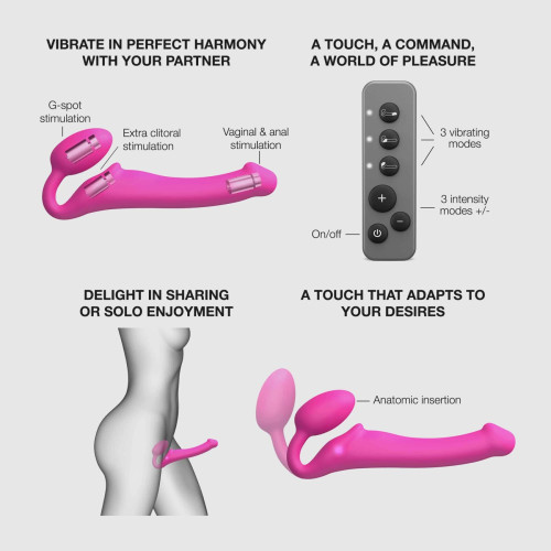 Безремневой страпон с вибрацией Strap-On-Me Vibrating Fuchsia XL, диам. 4,7см, пульт ДУ, регулируемый