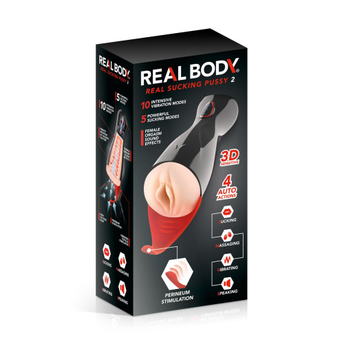 Премиум-вибромастурбатор Real Body - Real Sucking Pussy 2, всасывание, звук, стимуляция промежности