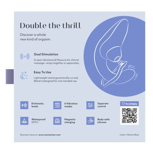 Вагинально-клиторальный стимулятор Womanizer Blend Vibrant Blue, вибрация + вакуум, 2 мотора