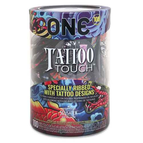 ONE Tattoo Touch, 100 шт, з рельєфом у вигляді тату, 3 різновиди, паковання-тубус